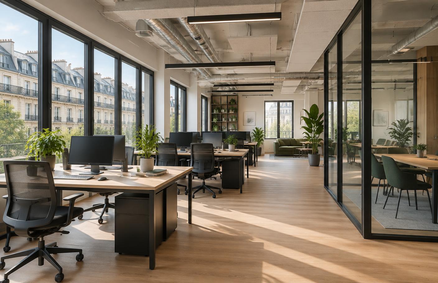 Espace de travail lumineux avec postes de travail et grandes fenêtres